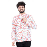 Multicolor cotton-blended printed full sleeve short kurta for men, featuring a mandarin neck and button closure